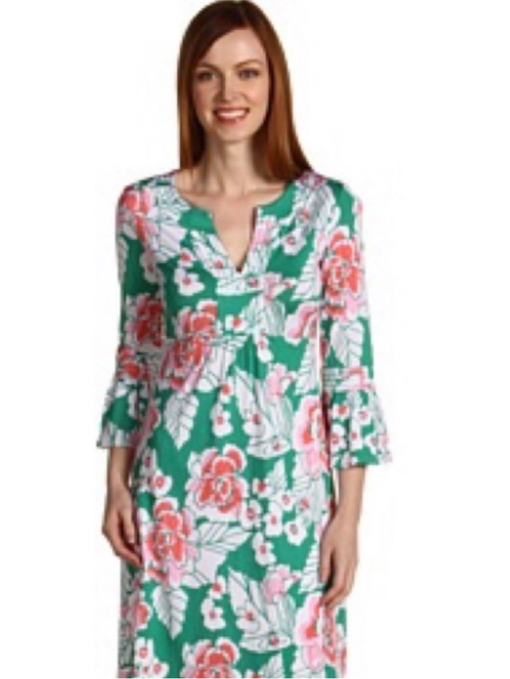Lilly Pulitzer Twyla Dress Womens Large Green Pink Floral V-Neck 3/4 Sleeves NWT